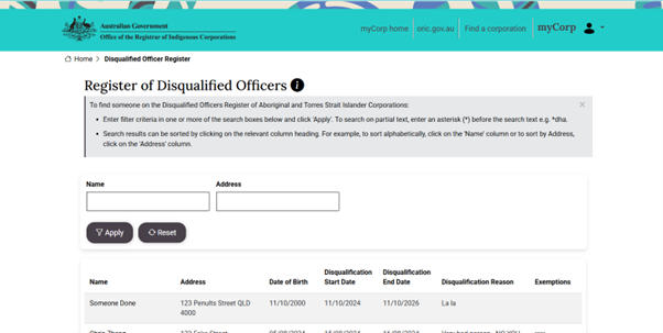 A screenshot of a webpage. A blue banner across the top has the ORIC logo and a menu. Below that is the text Register of disqualified officers and text boxes to search by name or address. Below that is a list of individuals and their information.