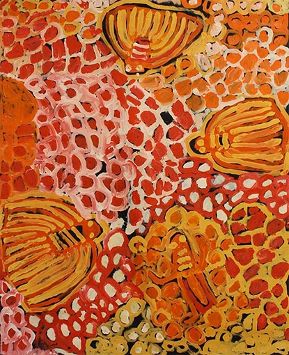 An Aboriginal artwork in reds, yellows and oranges