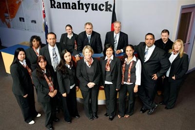 A photo of a group of people from above. On the wall behind them is the word Ramahyuck