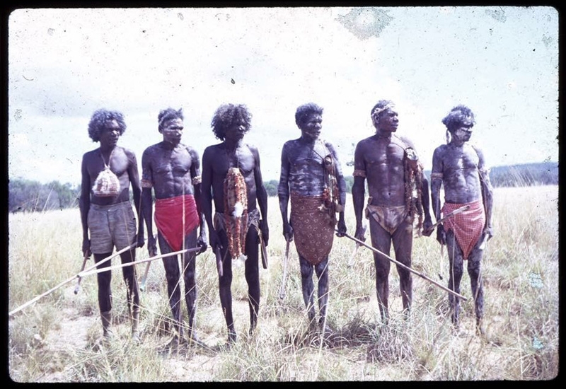 An old photo of 6 Aboriginal people in cultural dress