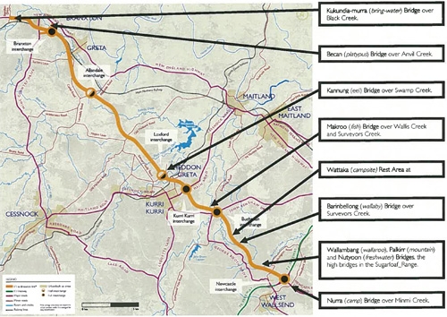 A map showing a road, with arrows pointing to points along the road. Each arrow has a box with text