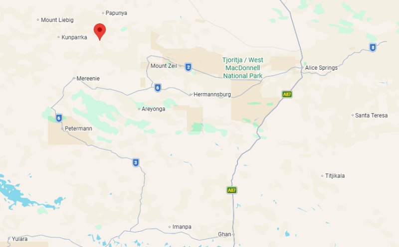 A map showing the location of Haasts Bluff
