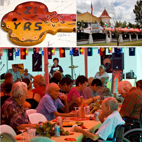 A collage of 3 images of a decorative plaque saying '21 years', a building, and a group of people eating at a large table